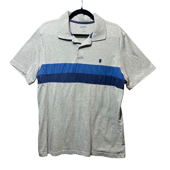 Izod Other - IZOD‎ Mens Polo Shirt Size L Short Sleeve Gray Blue Striped Golf Casual